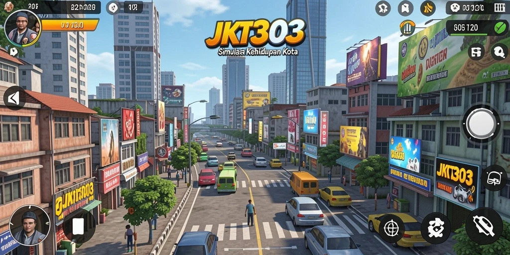 Screenshot gameplay JKT303 menampilkan aktivitas simulasi kota yang dinamis.