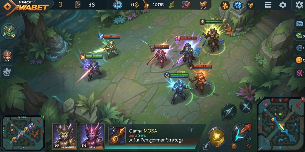 Tangkapan layar utama permainan yang menampilkan aksi seru di arena MOBA.