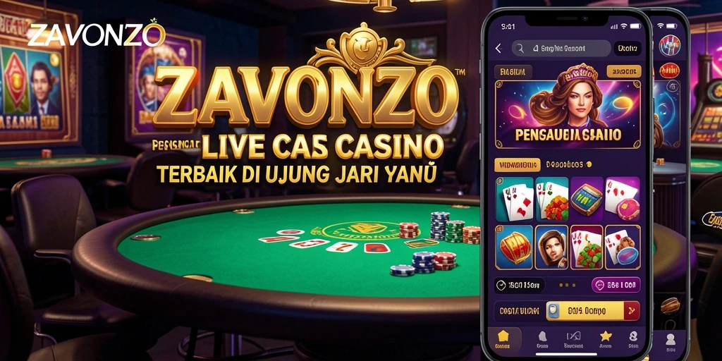 Screenshot utama ZAVONZO menampilkan dealer langsung dan setting kasino yang memukau.
